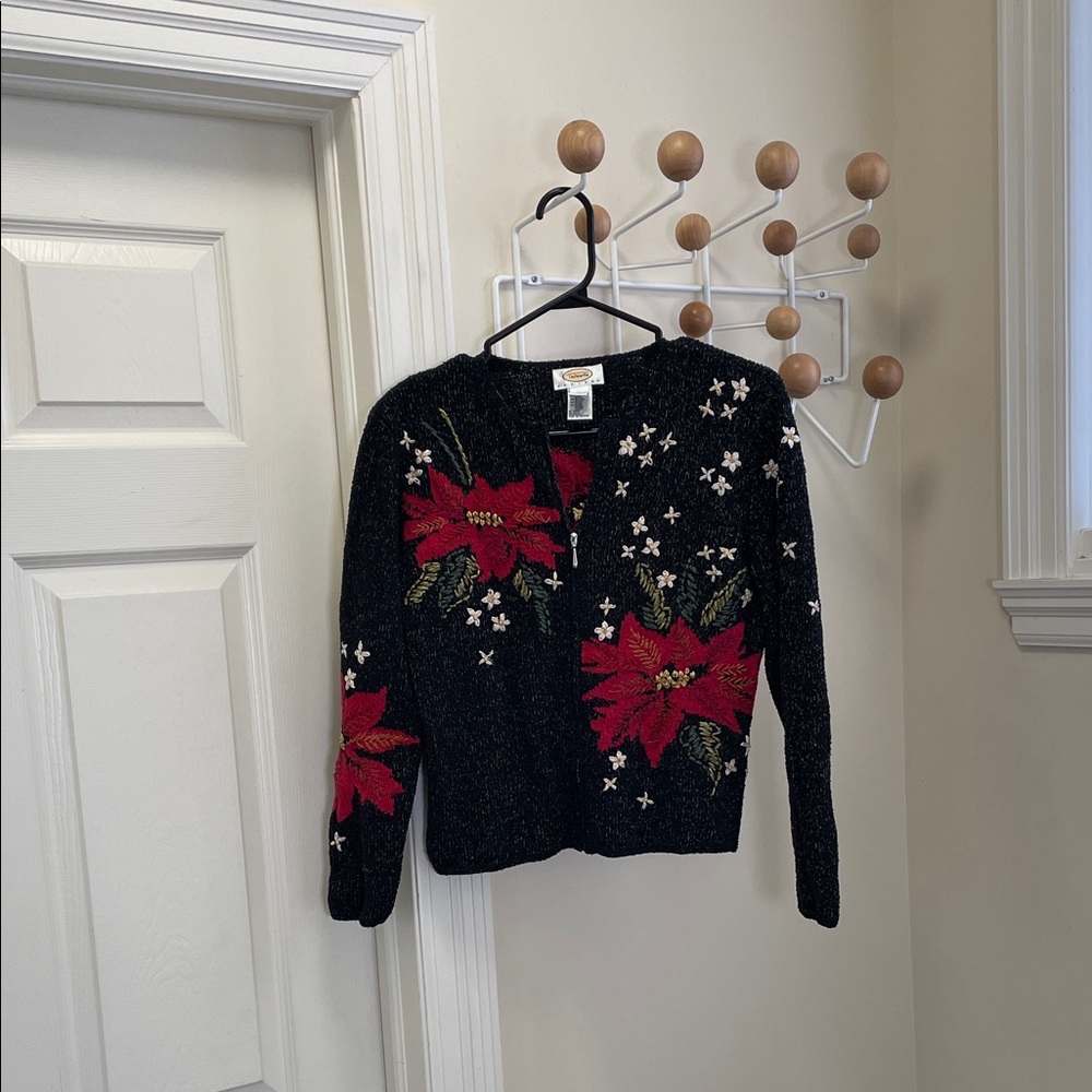 Talbots - Floral Silk Blend Zip Up Sweater - Black / Red - P